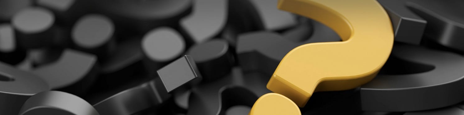 Big yellow question mark on many black questions marks, find a great garage door faq on the AV Overhead Garage Door website