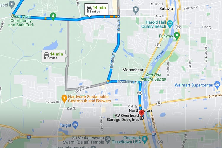 Map showing location to AV Overhead Garage Door company in North Aurora, Illinois