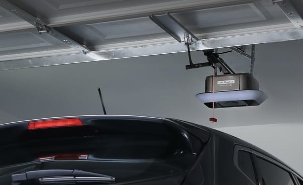 New smart LiftMaster garage door opener installed on a double residential garage door